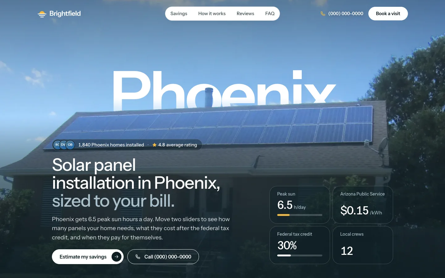 Topo da página de Phoenix: a foto de uma casa com painéis solares ocupa a tela, o nome da cidade atravessa o céu sobre o telhado e os fatos da cidade ficam ao lado do título.